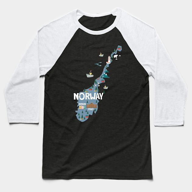 Norway Illustrated Map Baseball T-Shirt by JunkyDotCom